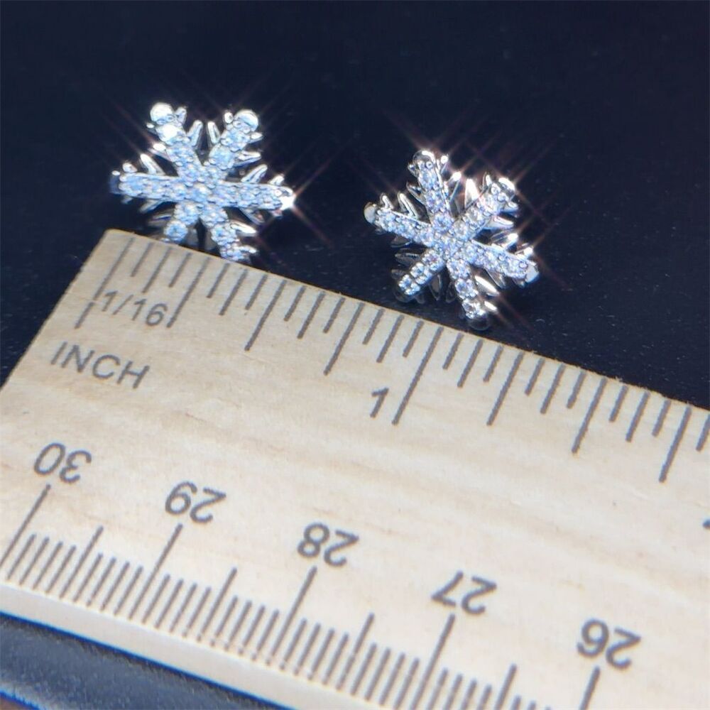 Silver Snowflake Crystal CZ Stud Earrings Christmas Theme - Picture 8 of 8